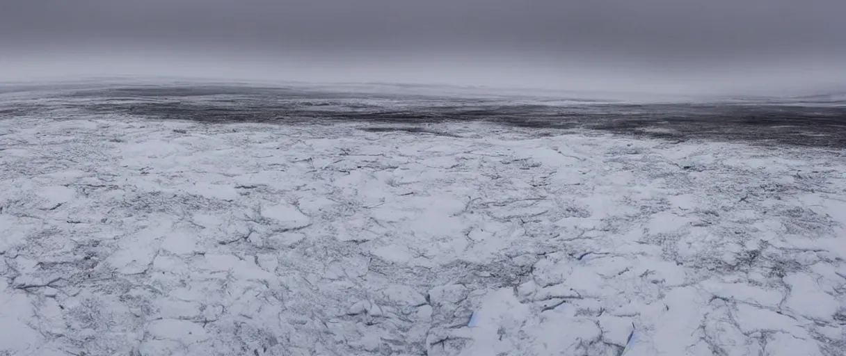 Image similar to a high quality color creepy atmospheric extreme wide angle shot hd 4 k film 3 5 mm photograph of a total white out blizzard in a desolate antarctica landscape