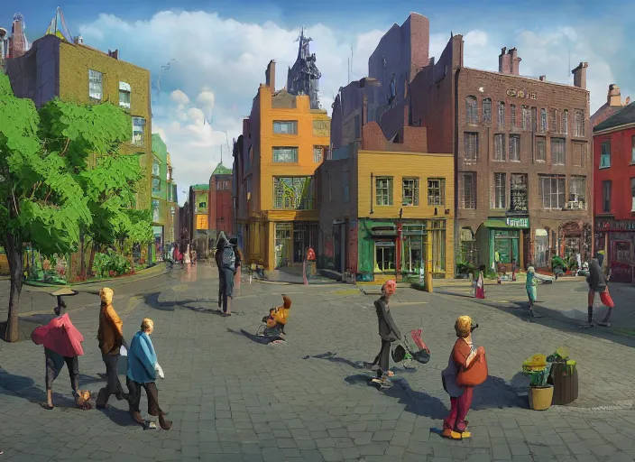 Prompt: dublin townsquare, summer morning, very coherent and colorful high contrast, art by gediminas pranckevicius, geof darrow, dark shadows, hard lighting