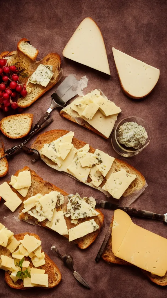 Prompt: 7 0 s food photography of an opulent spread of cheese on toast, on a velvet table cloth, dramatic diffused lighting