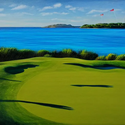 Prompt: painting of a golf course on the ocean with a partly cloudy blue sky
