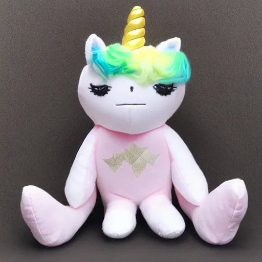 Image similar to a happy unicorn, plush doll, 8 k