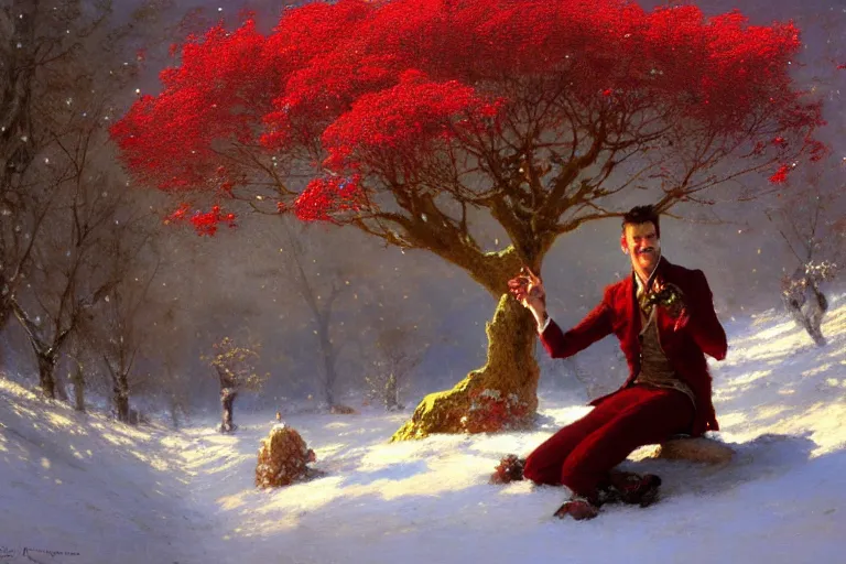 Prompt: winter, a clean - shaven white businessman relaxing under a world tree with red flowers, ground covered with snow, extreme long shot, fantasy, painting by gaston bussiere, craig mullins, j. c. leyendecker, trending on artstation