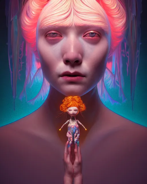 Image similar to an asymmetrical portrait of a bioluminescent patchwork doll, highly detailed, digital painting, cinematic, hyperrealism, dark retrowave, art by stanley lau and artgerm and magali villeneuve and alphonse mucha, artstation, octane render, cgsociety, james jean, victo ngai, david rubin, mike mignola