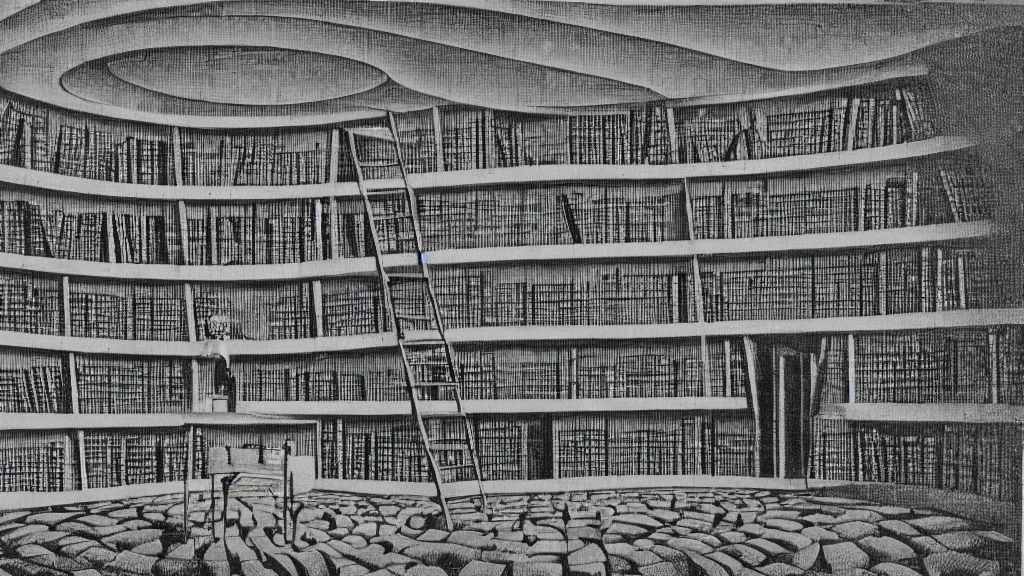 Prompt: A vintage scientific illustration from the 1970s of a labyrinth disguised as a library René Magritte