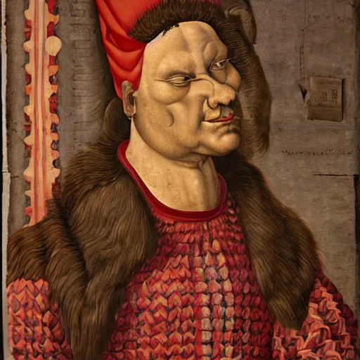 Image similar to portrait of an anthropomorphic tyrannosaurus rex, dressed as an italian noble, sandro bottecelli, 1 5 0 0