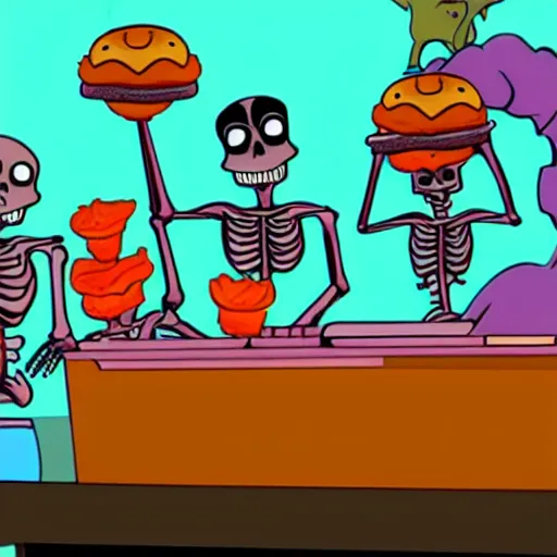 Prompt: cartoon still of a group of skeletons serving cheeseburgers to the scooby - doo and shaggy at a malt shop