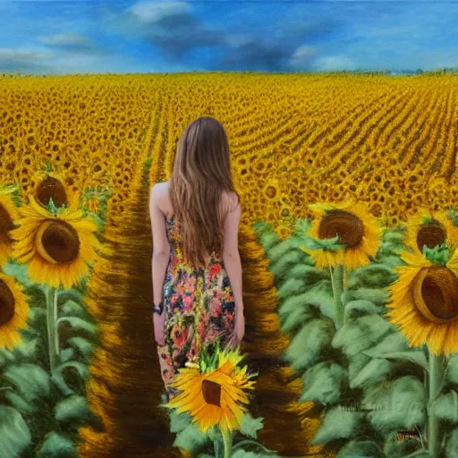 Image similar to a girl slowly walking through amazing tall sunflower field, her hair flowing down, subtle, intricate details, real masterpiece, oil on canvas, by somsak anong