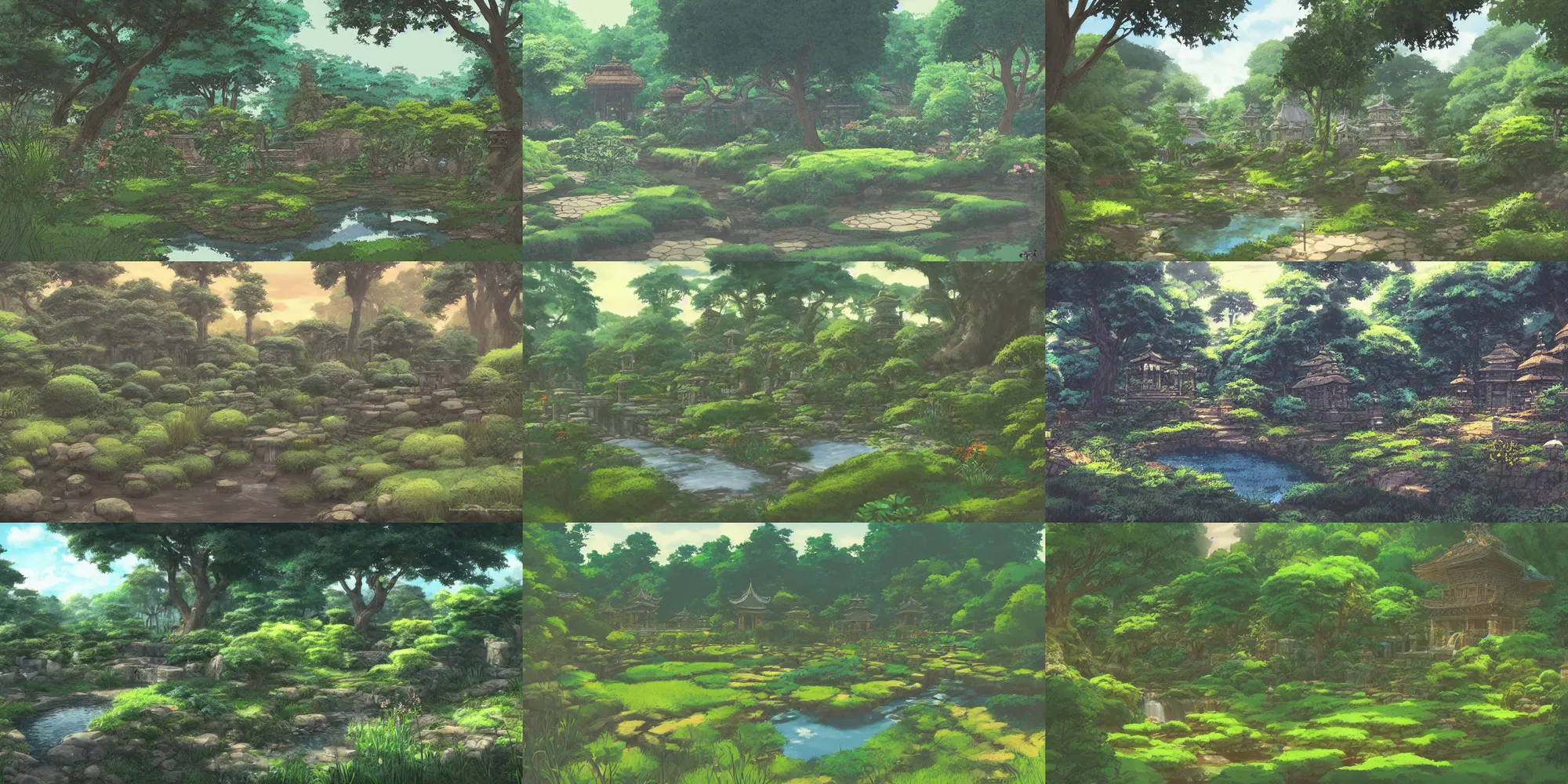 Prompt: temple garden near a stream by the countryside, evening, highly detailed, low angle view, studio ghibli, artstation