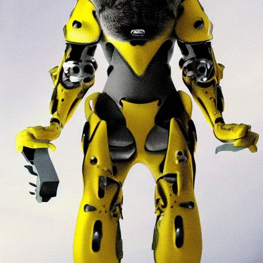 Image similar to humanoid with cat-like features in futuristic space armor with force fields, yellow eyes, teeth that protrude past the lower lip and fine grayish fur on their faces and backs of their hands and carrying weapons, octane,