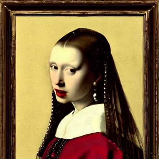 Image similar to sublime portrait of a woman in a red dress, pale, red lipstick, graceful, imposing, idealistic, by Vermeer, Van Dyck, Jean Auguste Dominique Ingres, smooth, sharp focus