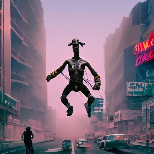 Image similar to gigantic building hovering above a city, long thick cables and trash hanging from underneath, smoke and thick dust in the air, rays of light, neon billboards and dried palmtrees in the streets, a mutant wrestler in fighter pose levitates in the center of the epic scene, scifi, illustration