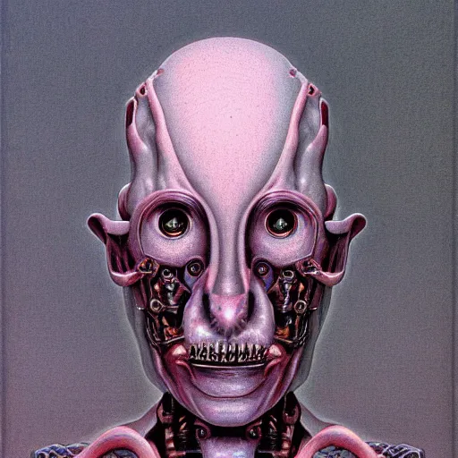 Prompt: biomechanical portrait of man with face connected to machine by Wayne Barlowe
