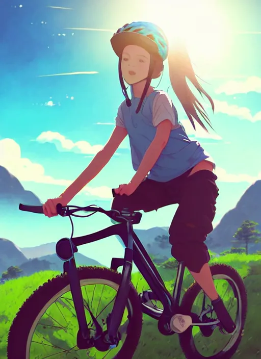 Prompt: portrait of cute girl riding mountain bike, sunny sky background, downhill landscape, illustration concept art anime key visual trending pixiv fanbox by wlop and greg rutkowski and makoto shinkai and studio ghibli and kyoto animation, symmetrical facial features, sports clothing, mountain bike helmet, backlit, realistic anatomy