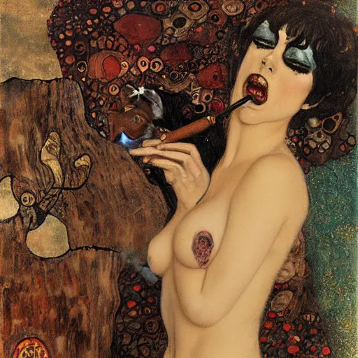 Image similar to succubus with horns smoking a cigar, klimt, royo, miro, frazetta, whealan,