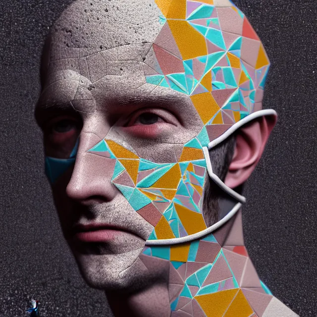 Prompt: a strikingly! eerie portrait of a man wearing a mask made of porcelain tiles in abstract geometric patterns, hyper realism, neural pointillism, octane, cgsociety, 8 k, high gloss ceramic, ethereal, liminal, pastel color palette