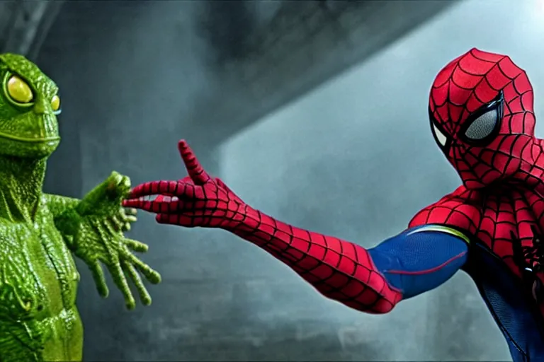 Prompt: sam raimi spider-man, played by tobey maguire battles the lizard, a large green monster wearing a lab coat, ultra realistic, 4K, movie still, UHD, sharp, marvel, cinematic