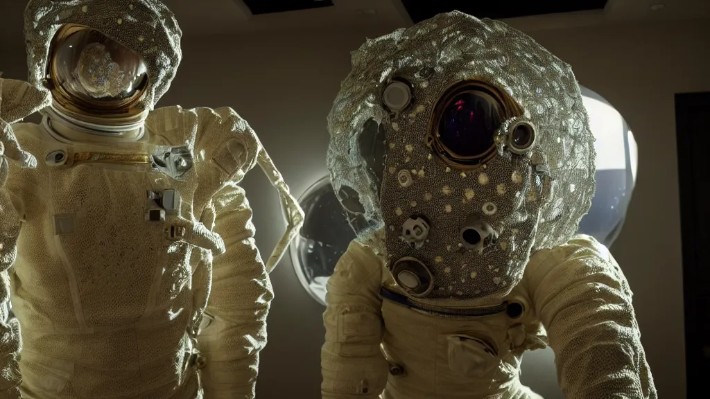 Image similar to a single astronaut eva suit covered in diamond 3d fractal lace iridescent bubble 3d skin and covered with insectoid compound eye camera lenses floats through the living room, film still from the movie directed by Denis Villeneuve with art direction by Salvador Dalí, wide lens,