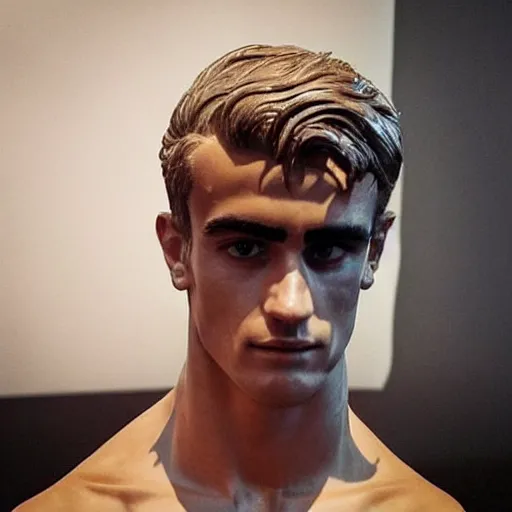 Image similar to “ a realistic detailed photo of a guy who is an attractive humanoid who is half robot and half humanoid, who is a male android, soccer player antoine griezmann, shiny skin, posing like a statue, blank stare, at the museum, on display ”