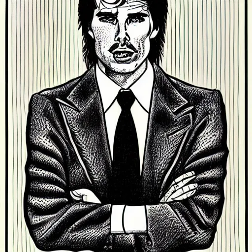 Image similar to a portrait drawing of Tom Cruise drawn by Robert Crumb