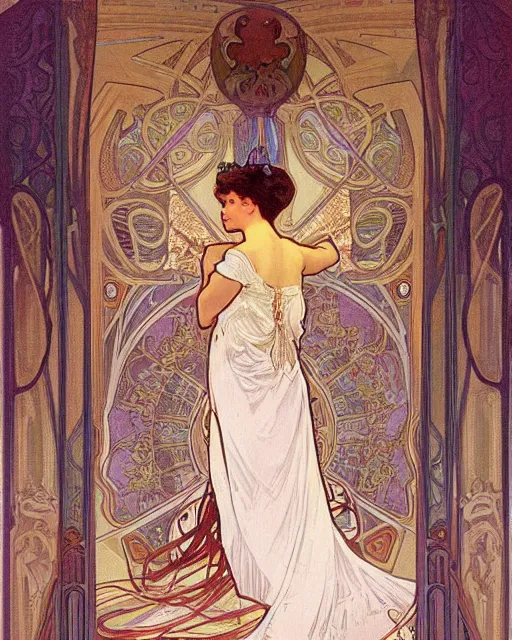 Image similar to painting by alphonse mucha, the interior of the opera house, in the depth of the hall there is an illuminated stage with a singer in a white dress, a palette of pastel colors