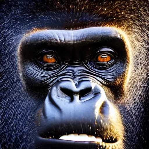 Prompt: portrait of a gorilla with fireworks reflected in its eyes