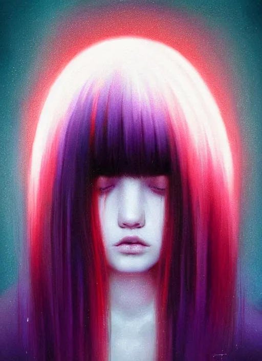 Image similar to hair whitebangs hair, black hair, blackbangswhitehair, portrait of teenage girl with white bangs, red irises, purple clothes, white bangs, bangs are different color from hair, intricate, elegant, glowing lights, highly detailed, digital painting, artstation, concept art, sharp focus, illustration, art by wlop, mars ravelo and greg rutkowski