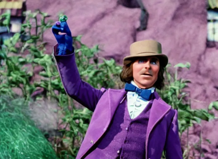 Image similar to film still of Christian Bale as Willy Wonka in Willy Wonka and the Chocolate Factory 1971