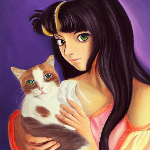 Image similar to a painting of a girl with long dark hair holding a cat in her arms, pexels contest winner, rasquache, high quality photo, rtx, hd, shiny eyes, a renaissance painting by sailor moon, anime, anime aesthetic