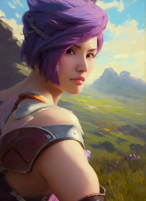 Image similar to portrait of VI from League of Legends after work, countryside, calm, fantasy character portrait, dynamic pose, above view, view from above, sunny day, thunder clouds in the sky, artwork by Jeremy Lipkin and Giuseppe Dangelico Pino and Michael Garmash and Rob Rey, very coherent symmetrical artwork, sharp edges, perfect face, simple form, 100mm