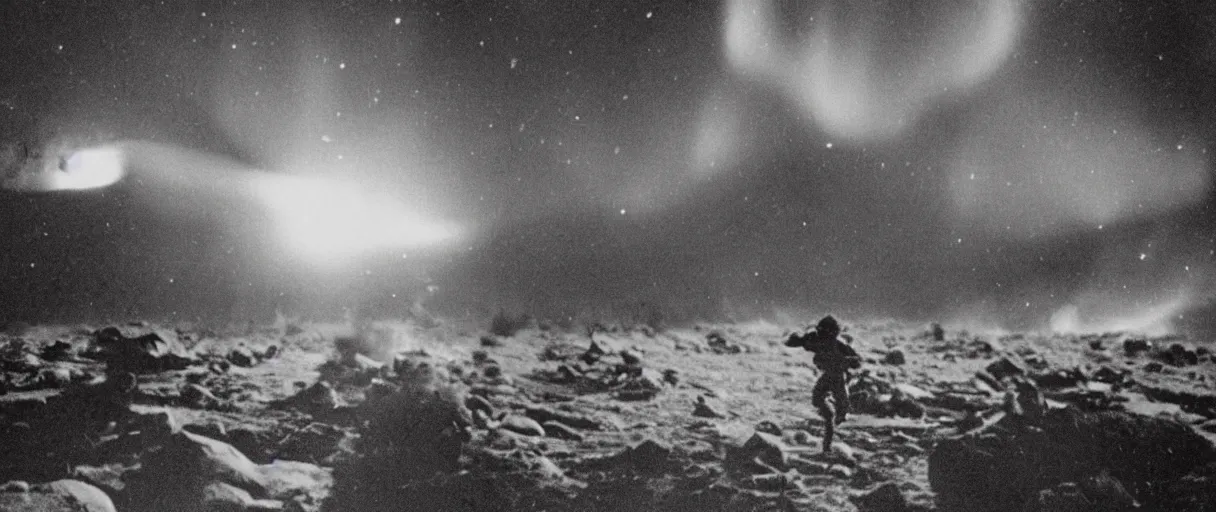 Image similar to a high quality color creepy atmospheric dimly lit extreme closeup film 3 5 mm depth of field photograph of a us soldier frantically running away from a huge explosion in mcmurdoch station in antarctica in 1 9 8 2 with the aurora borealis in the sky at night