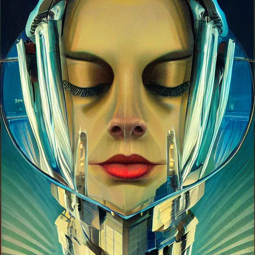 Prompt: detailed face of a woman, clockwork, moment, tectonic sky, skydome, bullet train, turbines, utopian, tech noir, wet reflections, prism, atmospheric, ambient, pj crook, syd mead, livia prima, edward hopper