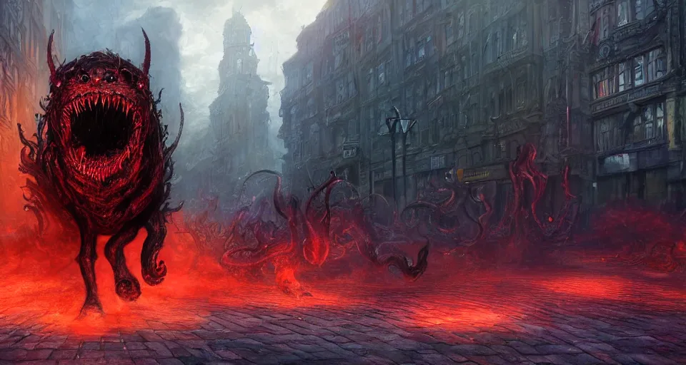Prompt: Close-up Photograph of a lovecraftian demon hound exiting out of an interdimensional portal to hell, in the middle of a busy city street, by Andreas Rocha and John Howe, wide long view, f/11 aperture, unreal engine, deviant art, flickr, artstation, octane render, textured, colorful, hyperrealistic, physically based rendering, pbr render, very detailed, volumetric lighting, octane render, 4k, cinematic, 8k resolution,