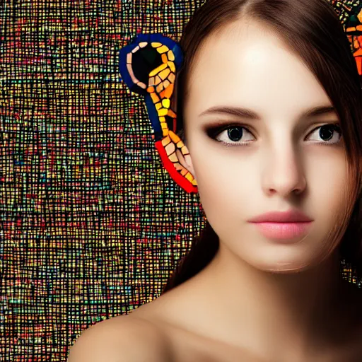 Prompt: portrait mosaic of a beautiful cute young woman with robot ears and eyes, 4k, intricate details