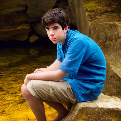 Prompt: a 70mm photograph of percy jackson, sitting and contemplating underwater