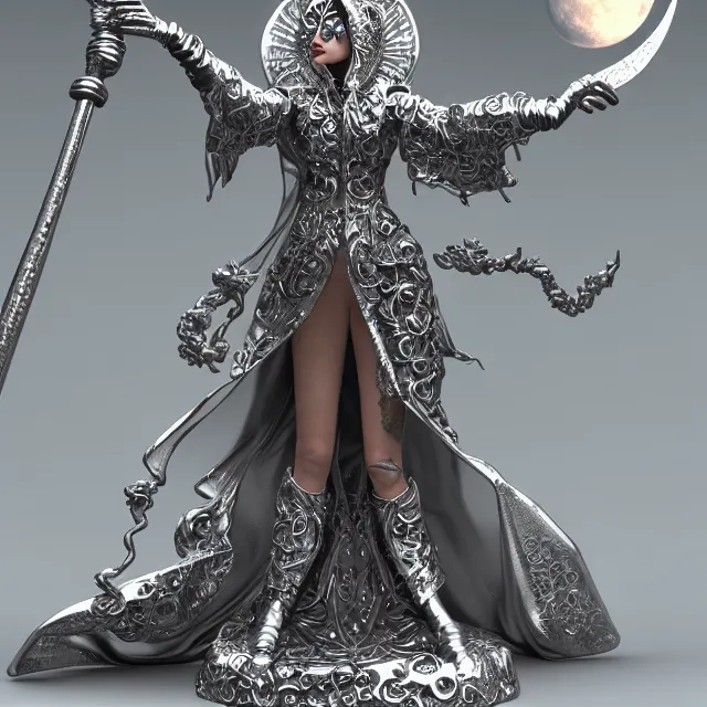 Prompt: elemental moon witch in ornate silver robes and staff, highly detailed, 8 k, hdr,, clayton crain