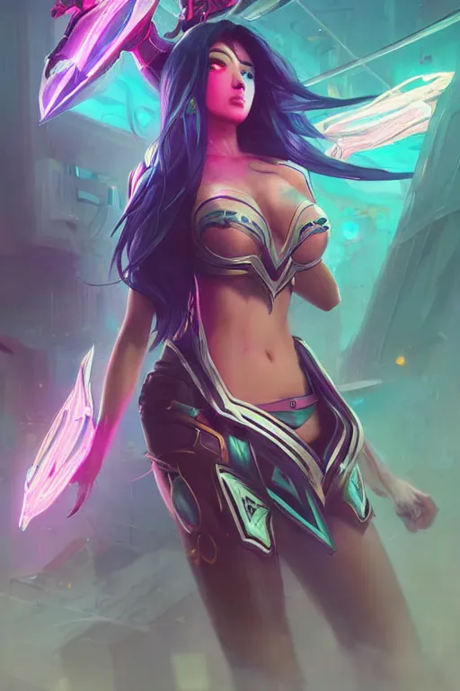 Image similar to irelia from league of legends, cyberpunk futuristic neon. flying blades in air, decorated with traditional japanese ornaments by ismail inceoglu dragan bibin hans thoma greg rutkowski alexandros pyromallis nekro rene maritte illustrated, perfect face, fine details, realistic shaded, fine - face, pretty face, masterpiece