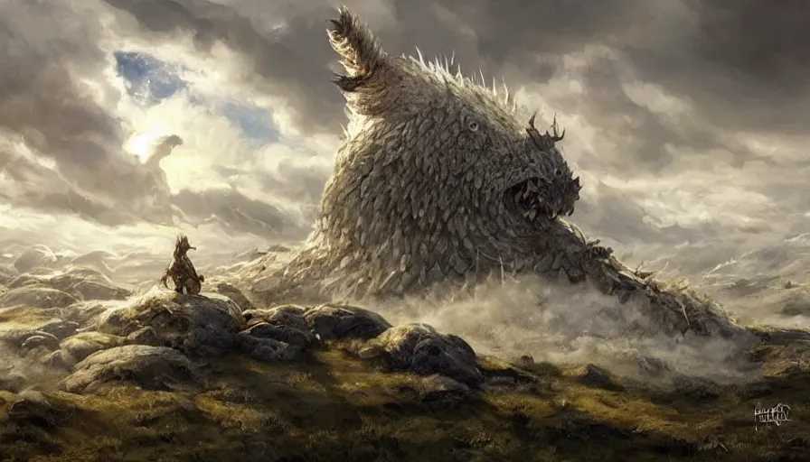 Image similar to Níðhöggr in a nordic landscape under bright daylight with fluffy clouds, set in the world of Guildwars2, painted by Hans Fredrik Gude, Greg Rutkowksi and Artgerm, concept art 2022, ultra realistic masterpiece, contrasting details vs blank areas, oil on canvas