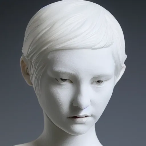 Prompt: full head and shoulders, beautiful female porcelain sculpture by daniel arsham and raoul marks, smooth, all white features on a white background, delicate facial features, white eyes, white lashes, detailed white, lots of real pastel blue hair in a winding geometric hairstyle on the head