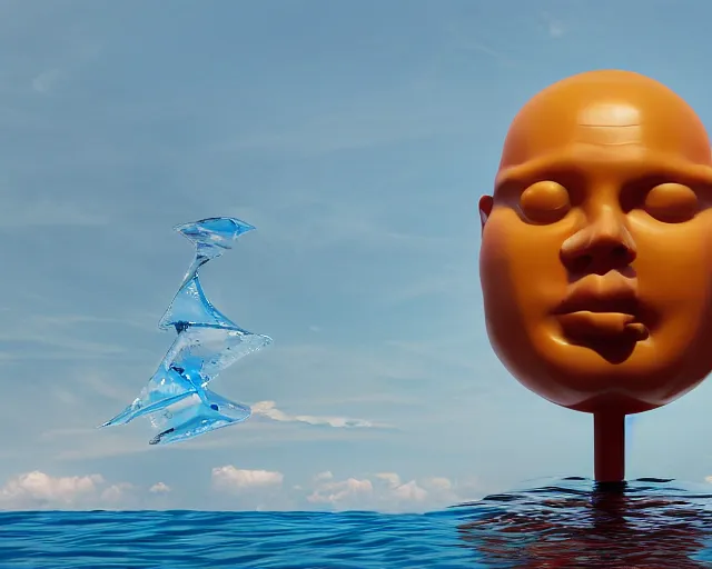 Image similar to a giant abstract sculpture made out of inflatable pool toys in a human head shape, on the surface of the ocean, in the style of chad knight, funny sculpture, long shot, hyper detailed, hyper realistic, ray tracing, 8 k resolution, sharp focus, realistic water, award winning sculpture