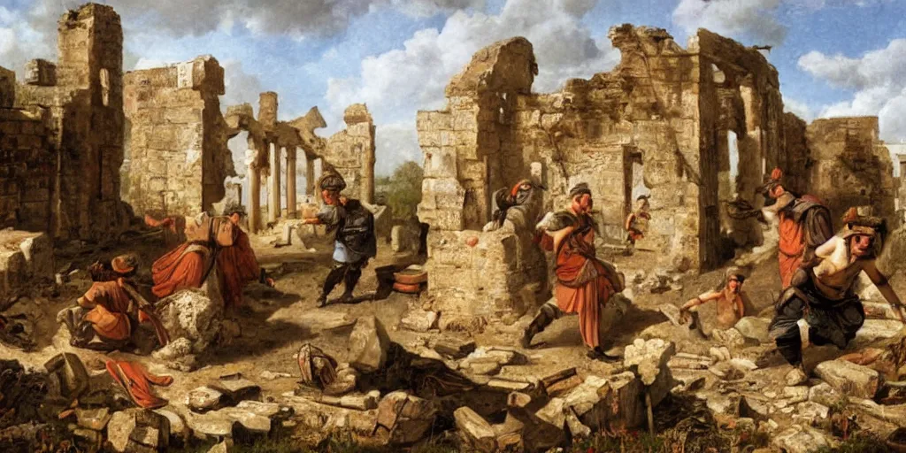 Prompt: painting of bandits hiding among the ruins of a roman fort