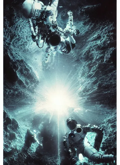 Image similar to astronauts in dark and empty void underwater - complex composition and hyperdetailed technical suit. reflection and dispersion materials. rays and dispersion of light. volumetric light. 5 0 mm, f / 3 2. noise film photo. flash photography. ultra realistic, wide angle. poster by wayne barlowe, hajime sorayama aaron horkey, craig mullins. polaroid.