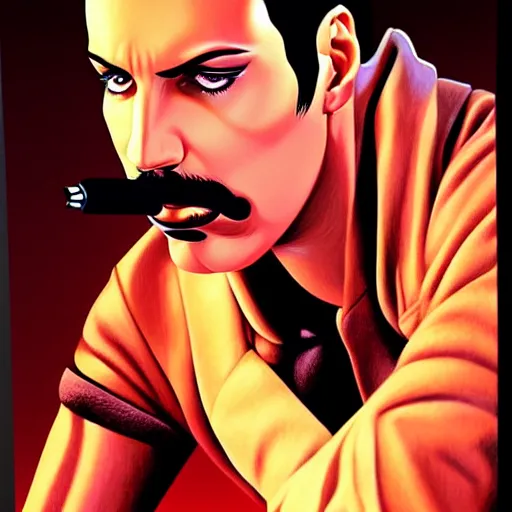 Image similar to freddy mercury by clyde caldwell, ilya kuvshinov, rossdraw, very detailed