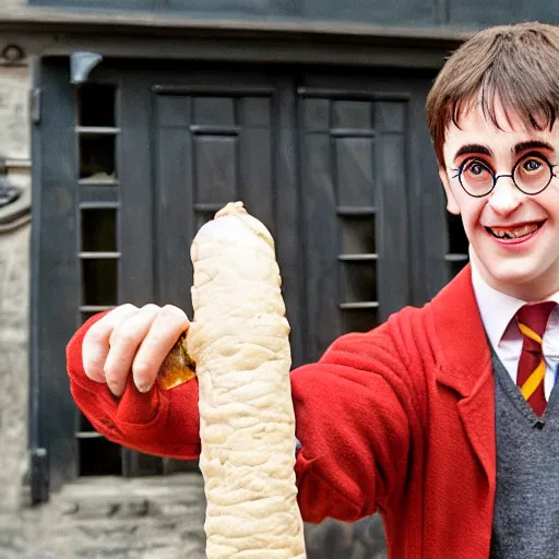 Prompt: harry potter holding a big italian sausage