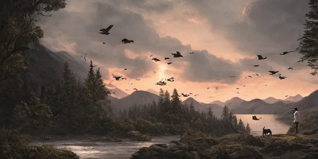 Prompt: A majestic landscape featuring a river, mountains and a forest. A group of birds is flying in the sky. There is an old man with a dog standing next to him. The man is wearing a backpack. They are both staring at the sunset. Cinematic, very beautiful, pencil drawing