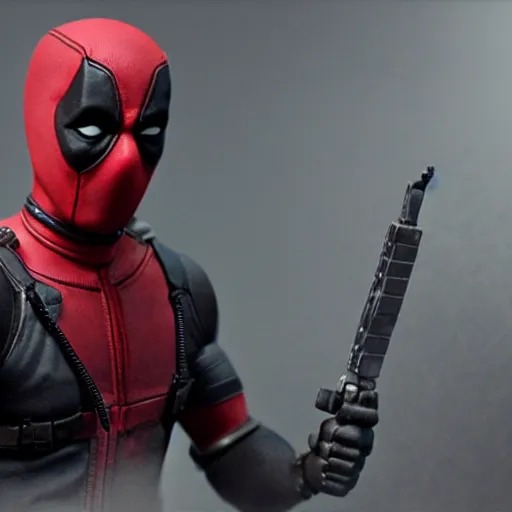 Prompt: wade wilson claymation, deadpool, action scene, explosions, cinematic, volumetric lighting