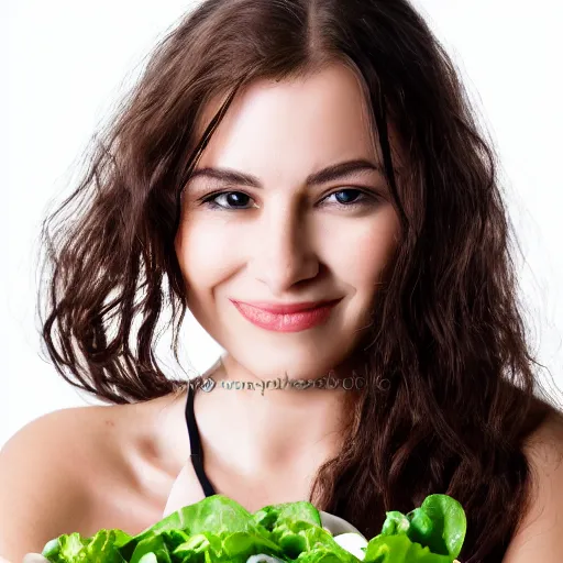 Prompt: female portrait, extremely detailed professional photo, studio lighting, woman with bowl of salad