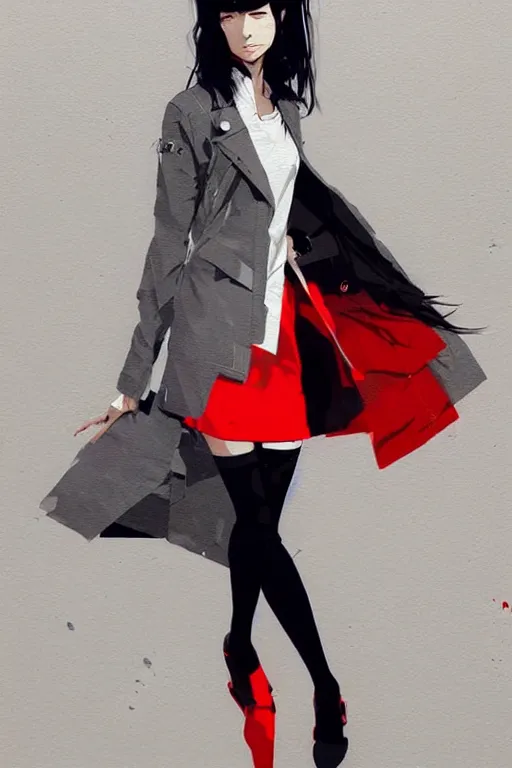 Image similar to a ultradetailed painting of a stylish woman wearing a grey jacket with red skirt, by conrad roset, greg rutkowski and makoto shinkai trending on artstation