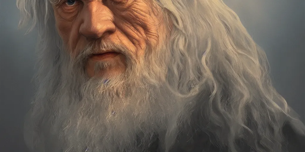 Prompt: Gandalf portrait, golden hour, rim lighting, detailed matte painting, cinematic, Alan Lee, Artstation