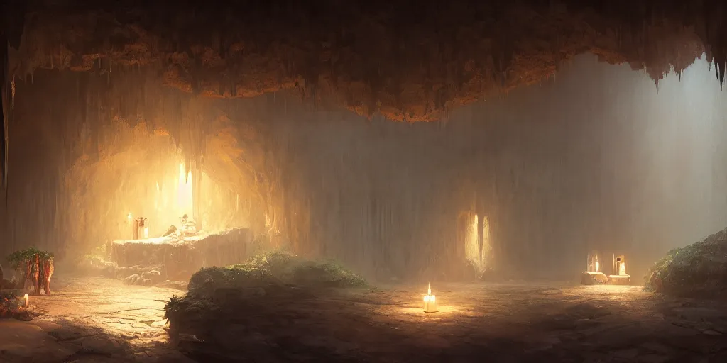 Image similar to cozy, empty bathhouse hidden in a cave, intimate, candlelight, towels, cushions, natural light, lush plants and flowers, elegant, smooth cave rock, fantasy, atmospheric lighting, digital painting, Greg Rutkowski concept art