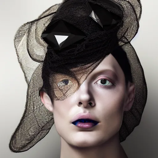 Prompt: a beautiful futuristic portrait with hat made with dead flies and silk twisted around her face, necklace made by silk and wire, design by balenciaga, inspired by egon schiele, modern art, baroque art jewelry, new classic, hyper realistic, cinematic composition, cinematic lighting, fashion design, concept art, hdri, 4 k